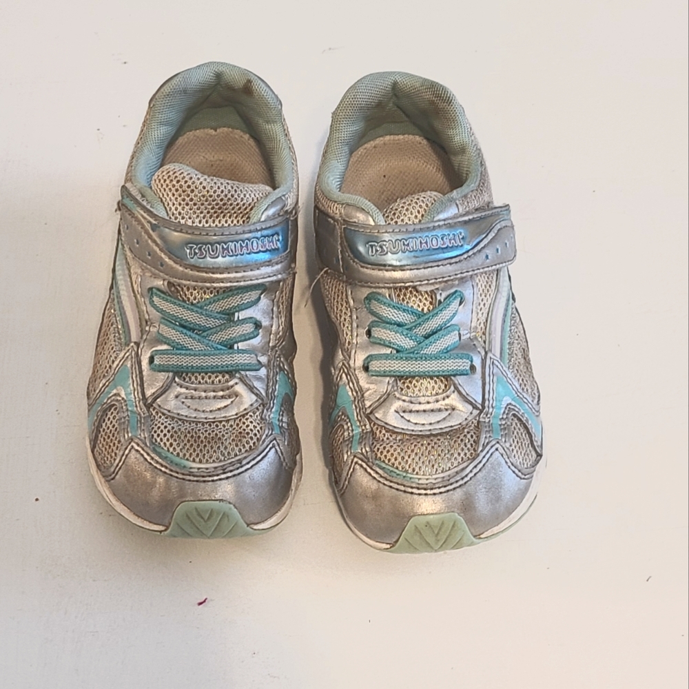 Tsukihoshi Sneakers. Silver Blue & Mint. Velcro. Size 10.5. Great Play Condition